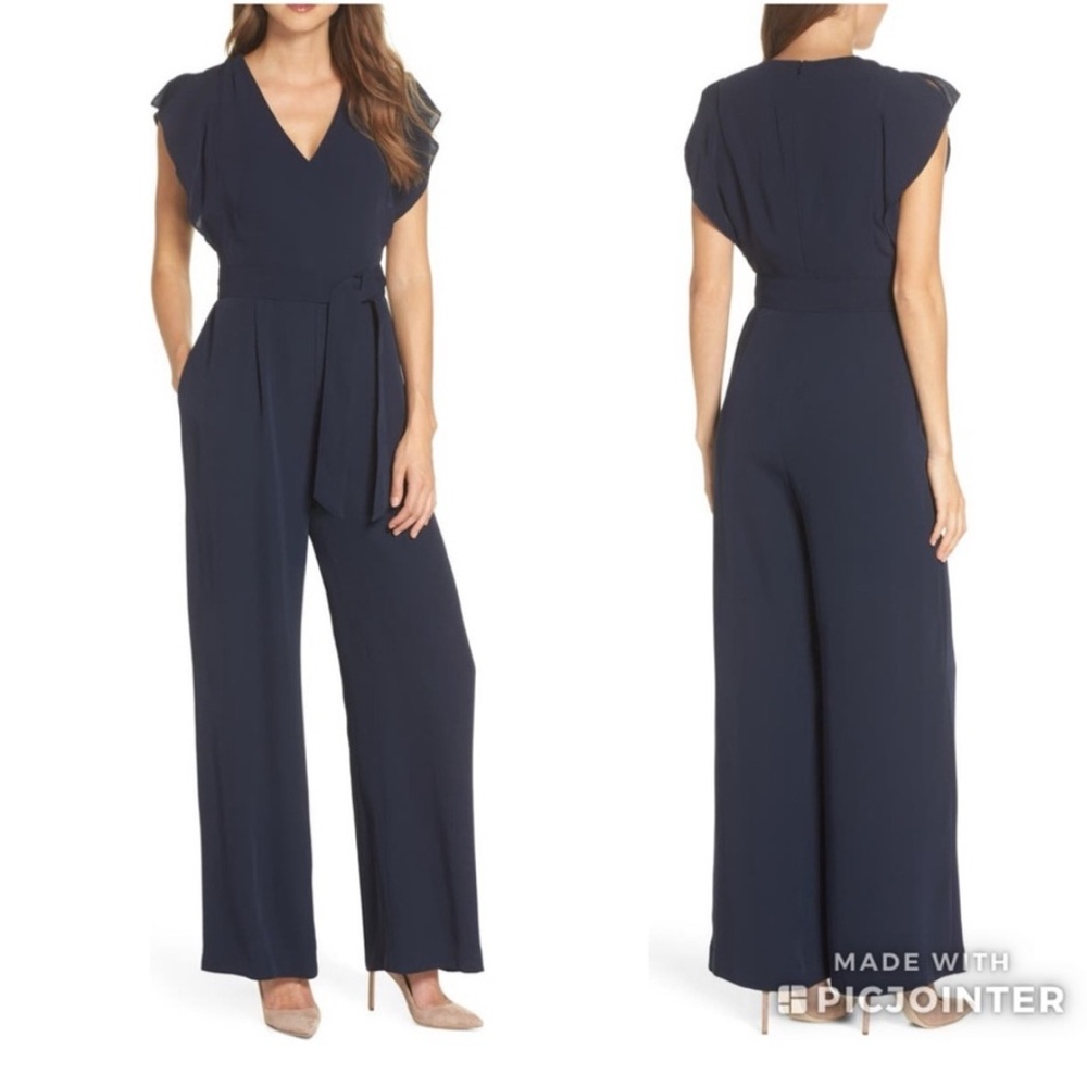 Eliza J Flutter Sleeve Crepe Wide Leg Jumpsuit Navy Waist Tie V Neck NWT-2
